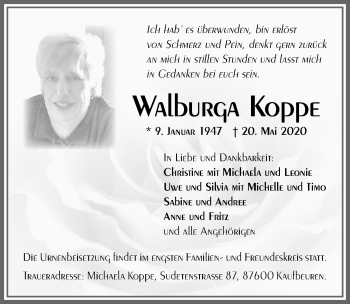 Traueranzeige von Walburga Koppe von Allgäuer Zeitung, Kaufbeuren/Buchloe