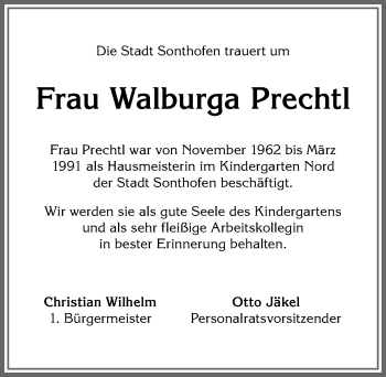 Traueranzeige von Walburga Prechtl von Allgäuer Anzeigeblatt