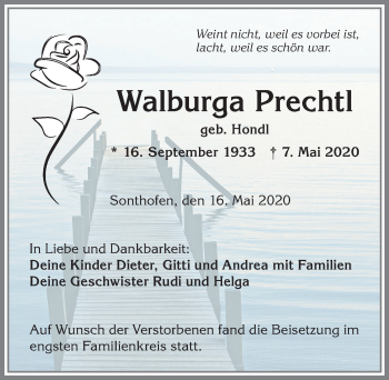 Traueranzeige von Walburga Prechtl von Allgäuer Anzeigeblatt