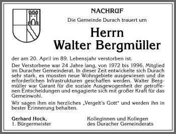 Traueranzeige von Walter Bergmüller von Allgäuer Zeitung,Kempten