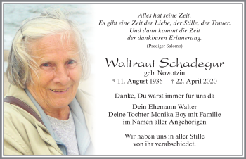 Traueranzeige von Waltraut Schadegur von Allgäuer Zeitung, Füssen