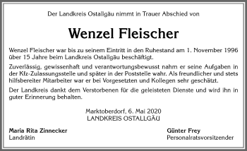 Traueranzeige von Wenzel Fleischer von Allgäuer Zeitung, Marktoberdorf