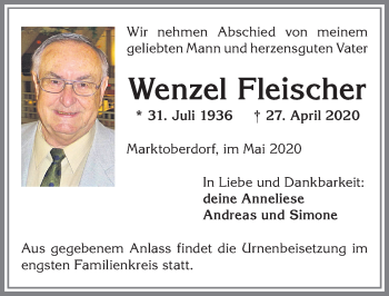Traueranzeige von Wenzel Fleischer von Allgäuer Zeitung, Marktoberdorf