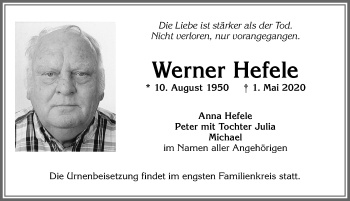 Traueranzeige von Werner Hefele von Allgäuer Zeitung, Kaufbeuren/Buchloe