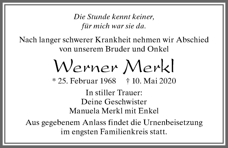  Traueranzeige für Werner Merkl vom 16.05.2020 aus Allgäuer Zeitung, Marktoberdorf