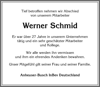 Traueranzeige von Werner Schmid von Allgäuer Anzeigeblatt