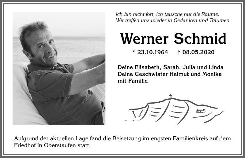  Traueranzeige für Werner Schmid vom 16.05.2020 aus Allgäuer Anzeigeblatt