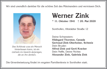 Traueranzeige von Werner Zink von Allgäuer Anzeigeblatt