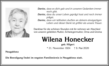 Traueranzeige von Wilena Honecker von Allgäuer Zeitung, Kaufbeuren/Buchloe