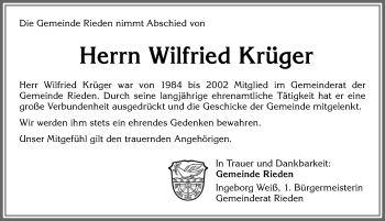 Traueranzeige von Wilfried Krüger von Allgäuer Zeitung, Kaufbeuren/Buchloe