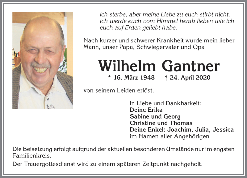  Traueranzeige für Wilhelm Gantner vom 02.05.2020 aus Allgäuer Zeitung,Kempten