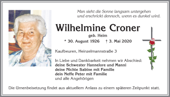 Traueranzeige von Wilhelmine Croner von Allgäuer Zeitung, Kaufbeuren/Buchloe