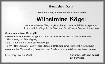Traueranzeige von Wilhelmine Kögel von Allgäuer Zeitung,Kempten
