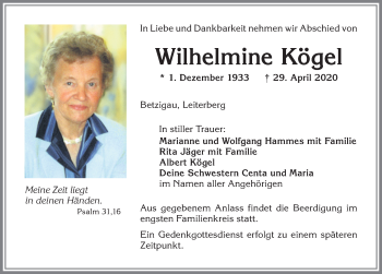 Traueranzeige von Wilhelmine Kögel von Allgäuer Zeitung,Kempten
