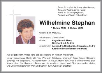 Traueranzeige von Wilhelmine Stephan von Memminger Zeitung