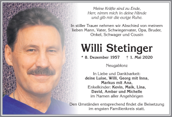 Traueranzeige von Willi Stetinger von Allgäuer Zeitung, Kaufbeuren/Buchloe