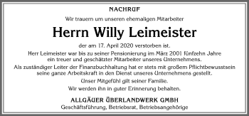 Traueranzeige von Willy Leimeister von Allgäuer Zeitung