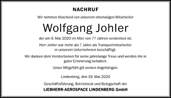 Traueranzeige von Wolfgang Johler von Der Westallgäuer