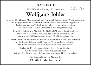 Traueranzeige von Wolfgang Johler von Der Westallgäuer