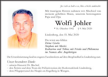 Traueranzeige von Wolfi Johler von Der Westallgäuer