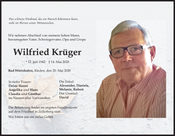 Traueranzeige von Wilfried Krüger von Allgäuer Zeitung, Kaufbeuren und Buchloe