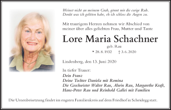 Traueranzeige von Lore Maria Schachner von Der Westallgäuer