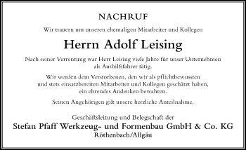 Traueranzeige von Adolf Leising von Der Westallgäuer