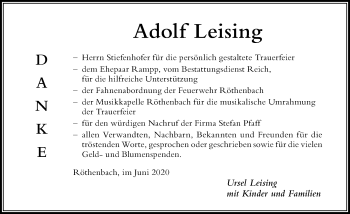 Traueranzeige von Adolf Leising von Der Westallgäuer