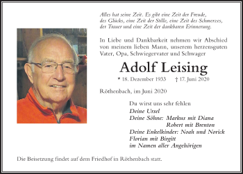 Traueranzeige von Adolf Leising von Der Westallgäuer
