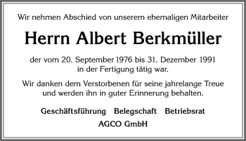 Traueranzeige von Albert Berkmüller von Allgäuer Zeitung, Marktoberdorf