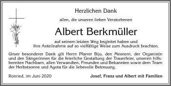 Traueranzeige von Albert Berkmüller von Allgäuer Zeitung, Marktoberdorf