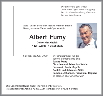 Traueranzeige von Albert Fumy von Allgäuer Anzeigeblatt