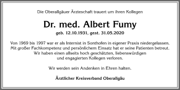 Traueranzeige von Albert Fumy von Allgäuer Anzeigeblatt