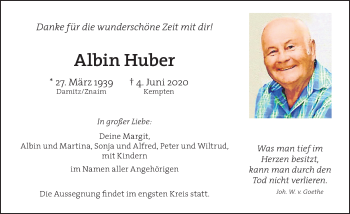 Traueranzeige von Albin Huber von Allgäuer Zeitung,Kempten