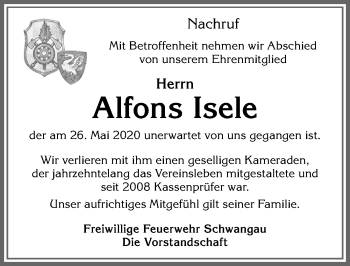 Traueranzeige von Alfons Isele von Allgäuer Zeitung, Füssen