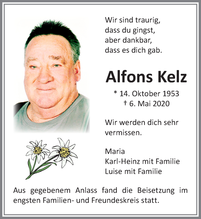  Traueranzeige für Alfons Kelz vom 18.06.2020 aus Allgäuer Zeitung,Kempten