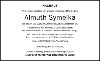 Traueranzeige von Almuth Symelka von Der Westallgäuer