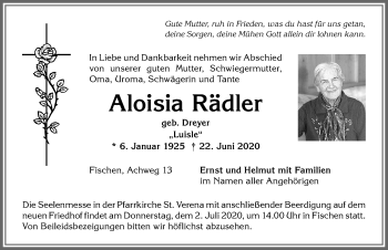 Traueranzeige von Aloisia Rädler von Allgäuer Anzeigeblatt