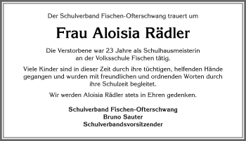 Traueranzeige von Aloisia Rädler von Allgäuer Anzeigeblatt
