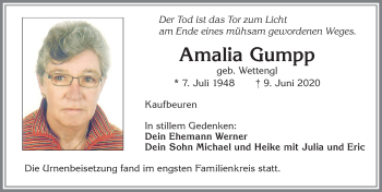Traueranzeige von Amalia Gumpp von Allgäuer Zeitung, Kaufbeuren/Buchloe