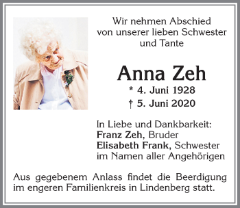 Traueranzeige von Anna Zeh von Allgäuer Zeitung, Kaufbeuren/Buchloe