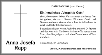 Traueranzeige von Anna Josefa Rapp von Allgäuer Anzeigeblatt