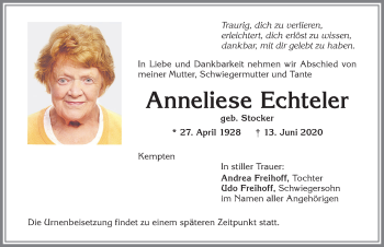 Traueranzeige von Anneliese Echteler von Allgäuer Zeitung,Kempten