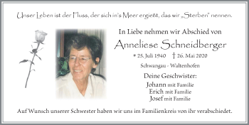 Traueranzeige von Anneliese Schneidberger von Allgäuer Zeitung, Füssen