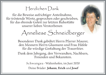 Traueranzeige von Anneliese Schneidberger von Allgäuer Zeitung, Füssen