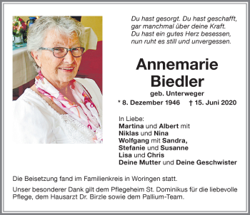 Traueranzeige von Annemarie Biedler von Memminger Zeitung