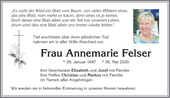 Traueranzeige von Annemarie Felser von Allgäuer Zeitung, Kaufbeuren/Buchloe