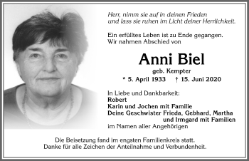 Traueranzeige von Anni Biel von Allgäuer Zeitung,Kempten