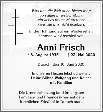 Traueranzeige von Anni Frisch von Allgäuer Zeitung,Kempten
