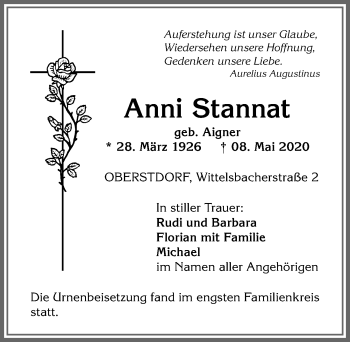 Traueranzeige von Anni Stannat von Allgäuer Anzeigeblatt